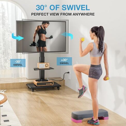 Floor TV Stand with Mount for 32-70 Inch Flat Screen/Curved TVs, Swivel Rolling Height Adjustable Portable TV Stand on Wheels, Modern Mobile Wood Base White TV Stand for Bedroom Home Office in Kuwait