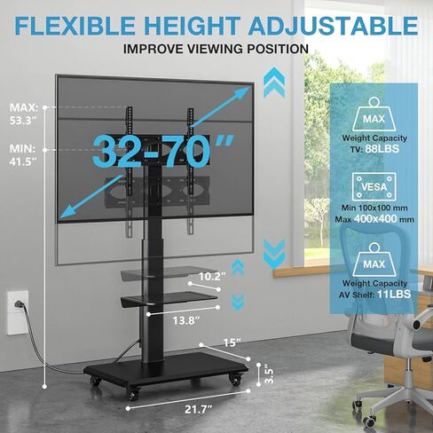 Floor TV Stand with Mount for 32-70 Inch Flat Screen/Curved TVs, Swivel Rolling Height Adjustable Portable TV Stand on Wheels, Modern Mobile Wood Base White TV Stand for Bedroom Home Office in Kuwait
