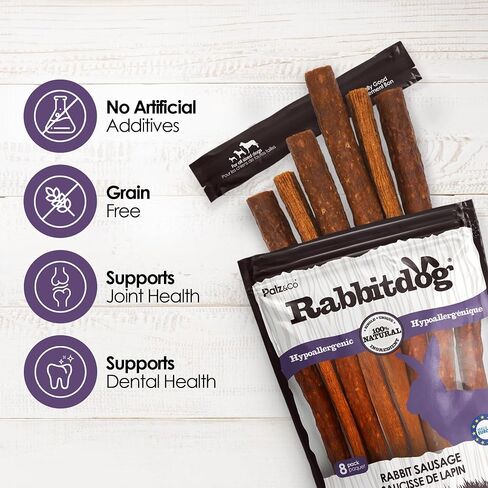 Rabbitdog Rabbit Sausage Dog Treats - 8 Pack of 100% Natural Single Ingredient Chews, Grain Free, High Protein, Soft & Chewy Texture in Kuwait