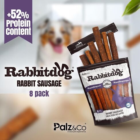 Rabbitdog Rabbit Sausage Dog Treats - 8 Pack of 100% Natural Single Ingredient Chews, Grain Free, High Protein, Soft & Chewy Texture in Kuwait