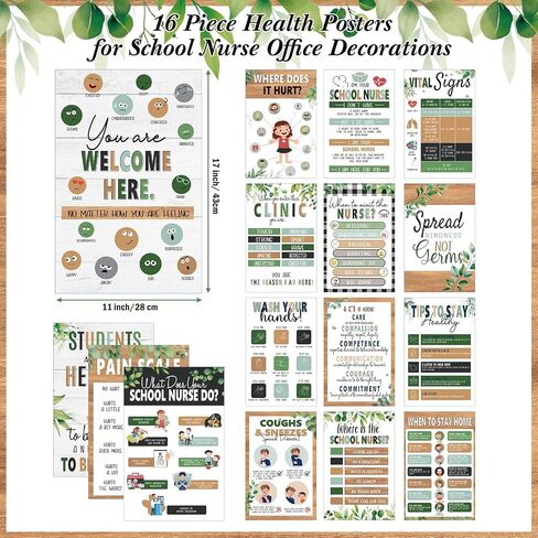 Pasimy 16 Pcs School Nurse Posters Health Posters for School Nurse Office Decorations Bulletin Board Health Decor for Farmhouse Classroom Clinic Office Decor Kids Educational Supplies 11 x 17 Inches in Saudi Arabia
