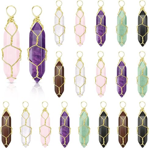 Sureio 18 قطعة طبيعية الشفاء الكريستال القلادة سداسي سداسي مدببة المغلفة gemstone quartz قلادة مع سلك الحياة الشجرة ملفوف الأحجار الكريمة قلادة لصنع المجوهرات القلادة in Kuwait