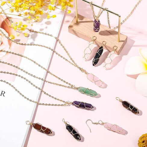 Sureio 18 قطعة طبيعية الشفاء الكريستال القلادة سداسي سداسي مدببة المغلفة gemstone quartz قلادة مع سلك الحياة الشجرة ملفوف الأحجار الكريمة قلادة لصنع المجوهرات القلادة in Kuwait
