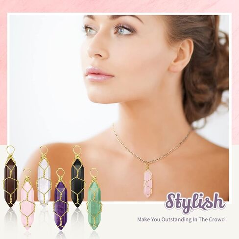 Sureio 18 قطعة طبيعية الشفاء الكريستال القلادة سداسي سداسي مدببة المغلفة gemstone quartz قلادة مع سلك الحياة الشجرة ملفوف الأحجار الكريمة قلادة لصنع المجوهرات القلادة in Kuwait