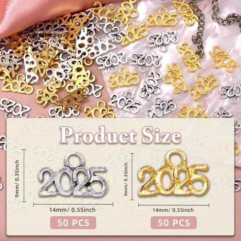 100 PCS Year 2025 Signet Charms ، Alloy 2025 Letter Leflant Charm Gold Silver Metal 2025 Charm for Jewelry Making Diy Craft Netcleace Strails Creaker Strains Supplies (Silver & Gold) in Saudi Arabia