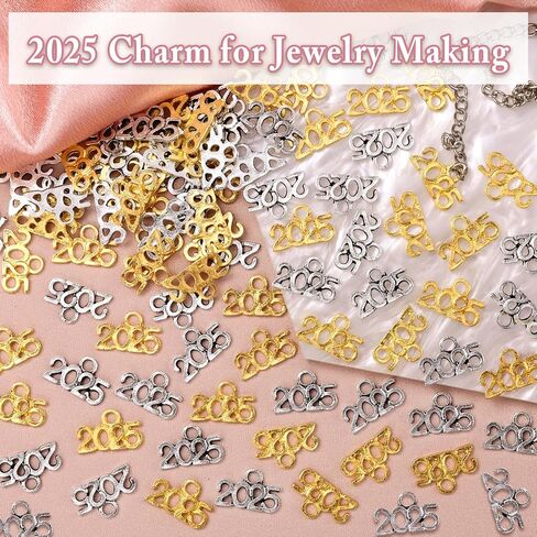 100 PCS Year 2025 Signet Charms ، Alloy 2025 Letter Leflant Charm Gold Silver Metal 2025 Charm for Jewelry Making Diy Craft Netcleace Strails Creaker Strains Supplies (Silver & Gold) in Saudi Arabia