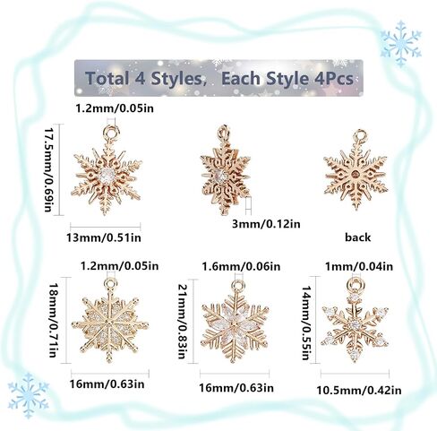 SUNNYCLUE 1 Box 16Pcs 4 Style Snowflake Charm Christmas Charms Snowflakes Charms Xmas Snow Cubic Zirconia Charm for Jewelry Making Charms DIY Bracelet Necklace Earrings Craft Adult in Saudi Arabia