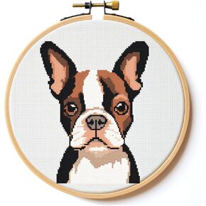 Generic Cartoon Boston Terrier DIY 11CT Stamped Cross Stitch Kits Easy for Beginners Children with Hoop Needlepoint Counted Embroidery Kits Art Craft Wall Decoration 12x12inch(2)