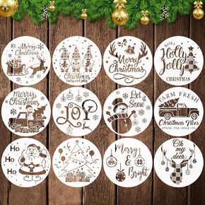 12 Pcs Christmas Stencils, 12'' Round Large Christmas Stencils for Painting on Wood Sign Front Door Hanger Xmas Home Decor