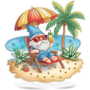 Eiflow Desktop Diamond Art Ornament Kit for Adults Beach, DIY Tabletop Diamonds Painting Board Kit, Acrylic Diamond Art Painting on Stand(Summer Gnome)