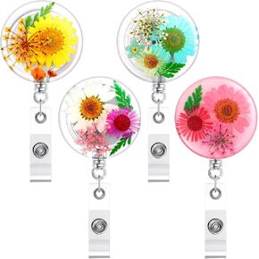 Ferraycle 4 Pcs Retractable Badge Reel Clip Dried Flower Resin Round Badge Holder with Alligator Clip Cute Badge Clip on ID Name Card Holders for Nurse Doctor and Office