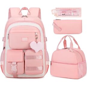 3PCS Girls Backpack For College Middle High School Student Teens Women Bookbag Waterproof Laptop Bag Pink Beige
