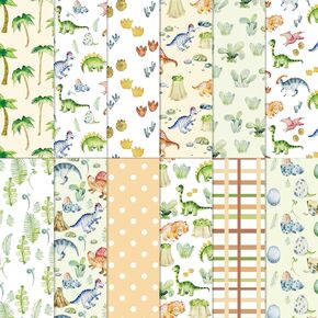 12Pcs Dinosaur Cotton Fabric Bundles Watercolor Tropical Dinosaur Fat Quarters Cute Sewing Fabrics for DIY Craft Party Decor, 18 x 22 Inch