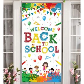 Back to School Banner Door Cover-Welcome Back to School Decoration First Day of School Photo Background for Preschool Classroom Kindergarten(White)