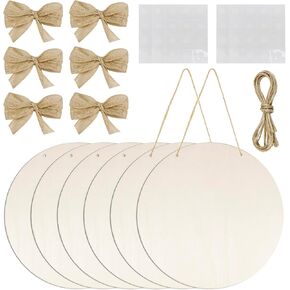6PCS 12 Inch Unfinished Wooden Hanging Signs with Bows, Twine & Glue Point - Round Blank Wood Rounds for DIY Painting, Home Decor and Door Hanger Crafts