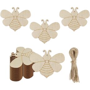20pcs Bee Shape Unfinished Wood Cutouts DIY Crafts Honeybee Hanging Wooden Tags Ornaments with Ropes for Wedding Birthday Baby Shower Party Decoration