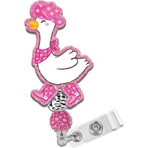 Cowgirl Goose Badge Reel Retractable - Pink Cute Goose Nurse Badge Reel with Alligator Clip Beads, Acrylic ID Badge Holder for Nursing Medical Student Teacher Hospital Worker Office Card Reels Gifts