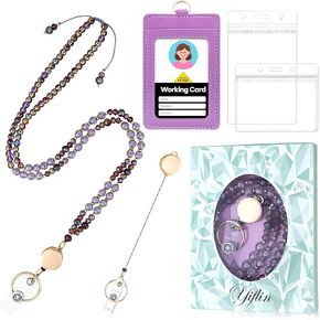 Yiflin Natural Stone Crystal Lanyard with ID Badges for Keys, Retractable Teacher Neck Strap with PU Card Holder, Handicrafts for Women (Light Amethyst)