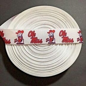 Grosgrain Ribbon White Ole Miss Mississippi Rebels Printed are for Hair Bows Crafts Gifts and More 7/8 inch (3 Yards)