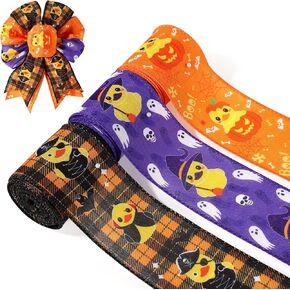 Halloween Wired Ribbon Set, 3 Rolls Halloween Decorative Ribbon 18 Yards Halloween Craft Ribbon for Holiday Wreath Bow Making DIY Gift Wrapping Supplies