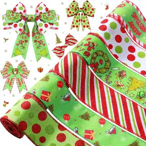 Lyrow 6 Rolls Christmas Wired Edge Ribbon Polka Dot Candy Cane Christmas Wrapping Funny Cartoon Xmas Tree Box Holiday Ribbon for Crafts Decorative Wreath Bow Gift Wrapping, 2.52'' by 5 Yards