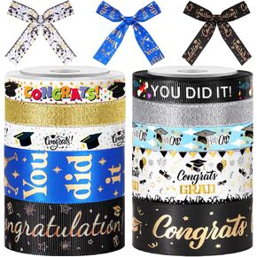Hanaive 10 Rolls 50 Yards Graduation Ribbons 3/8" and 1" Class of 2025 Grosgrain Ribbons Gift Wrapping Glitter Decorations for Graduation Party Supplies DIY Crafts