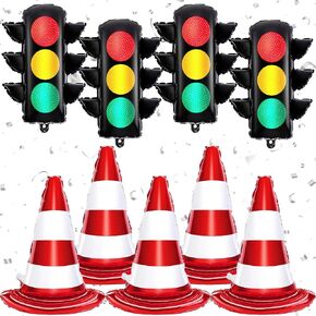 Tlswshsy 9 Pcs Racing Traffic Balloon Decoration, Traffic Cone and Light Balloons, Transportation Foil Balloon for Race Car Theme Party Supplies Baby Shower Birthday Back to School Decor