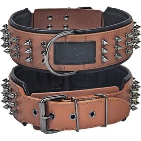 Spiked Real Leather Dog Collar，Handmade Dog Collar for Large Dogs，2.2 Inches Wide，German Shepherd Pitbull Doberman (Brown, 22''-25'')