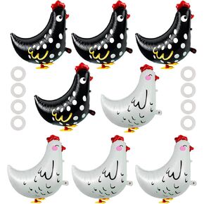 8 PCS Walking Chicken Balloons Aluminum Foil Pet Chicken Decorations for Baby Shower Kids Birthday Party Farm Animal Theme Supplies (4 Pcs White And 4 Pcs Black)