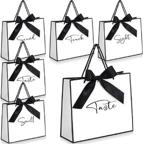 Sweetude 5 Pcs Senses Gift Bags for Him and Her 11.8 x 9.8x 3.9'' Elegant Thank You Paper Gift Bags with Handles and Bow Ribbon for Wedding Bridesmaid Groomsmen Gifts Birthday Baby Shower(White)