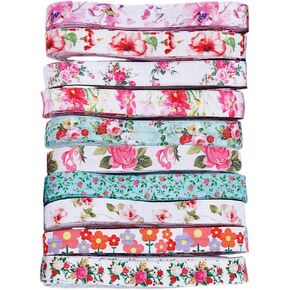 WADORN 40 Yards 5/8 Inch Floral Fold Over Elastic Ribbon, 10 Styles Floral Polyester Stretch Elastic Trim for Hairband Hair Ties Colorful Floral Printed Ribbon Elastic Band for Embellishment Decor