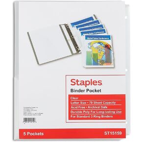 Staples Binder Pockets, Clear, 5 Per Pack, 3 Pack Carton (ST15159-CCVS)