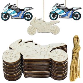 30pcs Motorcycle Wood DIY Crafts Cutouts Wooden Motorcycle Shaped Hanging Ornaments with Hole Hemp Ropes Gift Tags for Wedding Birthday Christmas Decorations