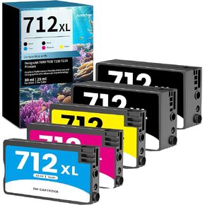 712 Ink Cartridge (5PK, 2BK/C/M/Y) Replacement for HP 712 XL 712XL 3ED71A 3ED69A 3ED68A 3ED67A Ink Cartridge for DesignJet T650 T630 T230 T250 T210 Printer 2Black Cyan Magenta Yellow