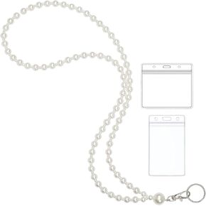 Middle White Pearl Lanyard for Women for ID Badges Name Tag and Keys Light Weight Acrylic Faux Pearls Sweet Teacher Lanyards Holder 25in