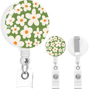 2 Pack Retractable Badge Holders with Clip, Cute ID Card Reels for Nurse, Doctor, Office Worker, Teacher(Green Floral)
