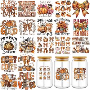 UV DTF Cup Wrap Transfer Stickers: 20 Pcs Fall Vibes Uvdtf Cup Wraps for 16 oz Glass, Pumpkin Season Transfer Stickers, Autumn Bow UV DTF Decals Waterproof Rub On Transfers for Women Girls DIY Crafts in Saudi Arabia