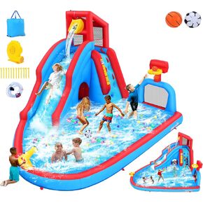 Inflatable Water Slide, 8-in-1 Waterpark with Tunnel, Soccer Goal & Basketball Hoop, 14.2x10.7x8.9FT w/Long Slide, Pouring Basin, Water Cannon, Climbing Wall & Splash Pool for Backyard Outdoor