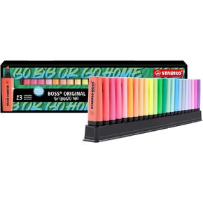STABILO BOSS ORIGINAL - 23pc Highlighter Set - Chiseled Tip (2mm, 5mm) - Anti-Dry Out Technology - Multicolour (9 Fluorescent, 14 Pastel) - Rainbow Theme - For Reading