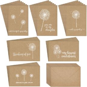 36 Pack Sympathy Cards Bulk with Envelopes - Kraft Paper Condolence Cards for Bereavement, Thinking of You - White Dandelion Design, Blank Inside (4x6 In)