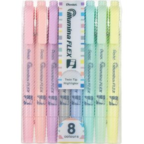 Pentel Illumina Flex Twin Tip Highlighter, Dual-Tip Marker Highlighter, Flex Tip and Chisel, 8 Asstorted Pastel Ink Colors, Pack of 8 (SLW11P-8E)