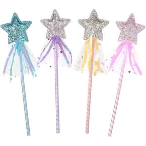 4 Pcs Glitter Princess Wand Star Fairy Wands Colorful Fairy Angel Star Wand with Ribbon for Princess Party Birthday Halloween Christmas Wedding Dress up Role Play Supply Favor