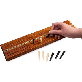 Sterling Games Extra Large Extra Long Cribbage 16" Wooden Game Board 2 Persons Double Track Board with 1/4" Holes and Italian Inlaid, Large Wooden Pegs Great for Seniors and Children
