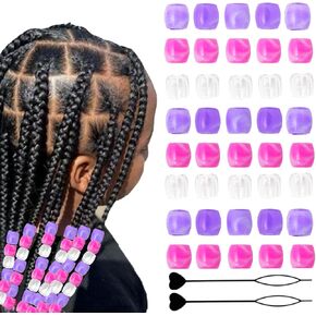 182pcs Beads Kit for Hair Braids Including 180pcs 12x11mm Purple Large Pony Beads and 2pcs Quick Beaders Hair Beads for Braids for Girls