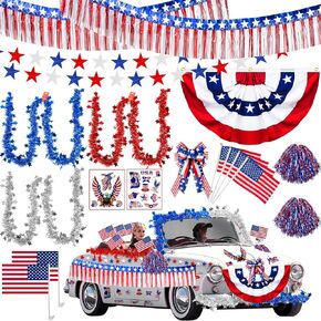 MOVINPE 4th of July Car Parade Decorations Patriotic Golf Cart Decor, 2 x 4 American Flags Bunting Wreath Bow Fringe Garland Tinsel Banner Star Streamers Stickers for Independence Day Memorial Day