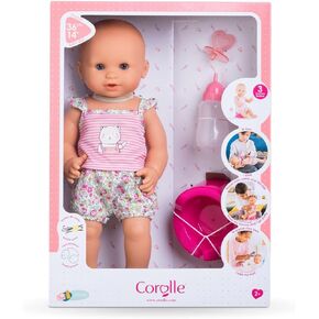 Corolle Drink and Wet Bath Baby Emma - 14" Girl Baby Doll with 3 Accessories - Bottle, Potty, and Pacifier - Really Drinks and Goes Potty, for Kids Ages 2 Years and up