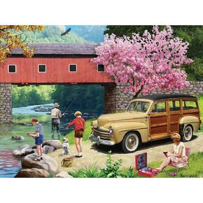 Bits and Pieces - 500 Piece Jigsaw Puzzle for Adults 18" x 24" - Our Favorite Spot - 500 pc Family Spring Car Bridge Fishing River Jigsaw by Artist Kevin Walsh