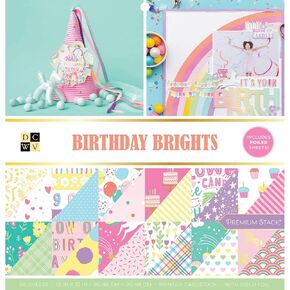 DCWV Printed Cardstock Paper 12x12, 36 Sheets of Scrapbook Paper for Crafts and Card Making, Double Sided Heavy Duty Cardstock with Foil Accents - Birthday Brights
