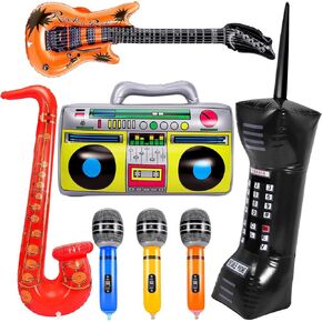 7Pcs Inflatable Rock Star Party Props,Inflatable Guitar Mobile Phone Boombox Microphones Inflatable Instruments for 80's 90's Theme Party Decorations,Rock and Roll Hip Hop Theme Party Favors