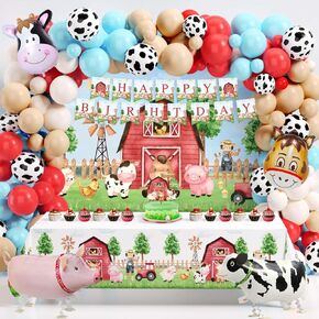 Farm Theme Birthday Party Decorations,131Pcs 16Ft Farm Animals Blue Red Apricot with Balloon Arch Kit,Tablecloth,BirthdayBanner,Backdrop,Cake Topper and Animals Foil Balloons Party Supplies